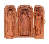 NLDGR Catholic Sacramental Triptych Box Wooden Handcrafted Figurine Sculpture, Home Portable Altar Table Catholic Religious Ornaments Mini Decor, Art Jesus Our Lady Heavenly Protectors