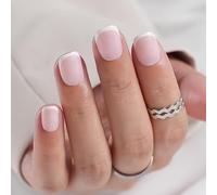 NLFOX French Press On Nails - 24 Pcs Short Square False Nails - Classic Elegant White Tip Nude Pink - Glossy Full Cover Acrylic Stick On Nails