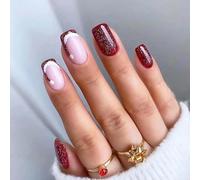 NLFOX Square Christmas False Nails - 24PCS Short Press On Nails - Glitter Red Color with Christmas Hat Pattern - 12 Sizes Choice - Glossy Full Cover Nail DIY Nail Art