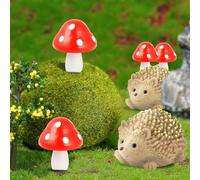 Nlinlin 6 Pack Mini Mushroom & Resin Hedgehogs Figurines Micro Wood Mushroom for Fairy Garden Wild Landscape Pots Handmade DIY Decor Accessories