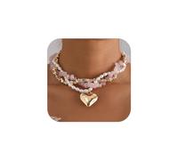 NLMSKI Chunky Layered Pink Beaded Chain Heart Pendant Necklace For Women Statement Boho Vintage Adjustable Choker Style Bold Fashion Gold Pink Colors, normal, Alloy Steel, No Gemstone