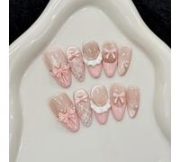 NLSJMP 3D handmade Gel nails press on false nails Almond pink white,pearl bow Stripes french elegant cute acrylic Reusable fake nails designed kit,10 Nails Size S #405