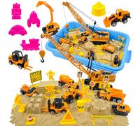 NlsqEU Play Sand Set, 2lbs Sand, 6 Construction Vehicles, 17 Worker Ornaments and Signs, 10 Molds, Ages 3+
