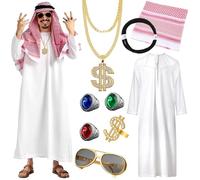 NlsqEU Sheikh Costume Men's Arabian Costume Cosplay Costume White Arabic Robe with Headscarf Necklaces Sunglasses Finger Ring for Carnival, Party, Cosplay