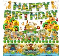 NlsqUK 111 Pcs Lion Birthday Decorations Set, Lion Party Decorations with Tableware, Balloons, Cake Toppers, Happy Birthday Banner, Invitation Cards, Gift Bags for Birthday Party Supplies
