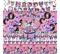 NlsqUK 52 Pcs Cute Kuromi Birthday Decoration, Sanrio Birthday Decorations Including Kuromi Cake Topper Balloons Banner Tablecloth Backdrop Hanging Swirls, Party Supplies for Girls Fans