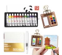 NlsqUK Travel Watercolour Set, Mini Watercolour Paint Set Travel with 8 Grids Wood Palette Box Sketchbook Brush Metal Clip, Portable Paint Palette for Painting Lovers