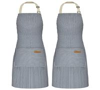 NLUS 2 Pack Adjustable Kitchen Bib Aprons with Pockets - Chef Aprons for Women & Men (Blue Pinstripes)
