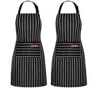 NLUS 2 Pack Cooking Aprons for Women with Pockets Adjustable Kitchen Bib Aprons for Women Men Chef, Black/White Stripe (Classic Black/White Stripes)