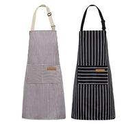 NLUS 2 Pack Kitchen Cooking Aprons, Adjustable Bib Soft Chef Apron with 2 Pockets for Men Women(Black/Brown Stripes)