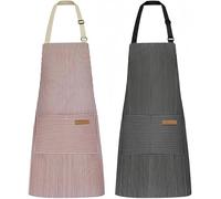 NLUS 2 Pack Kitchen Cooking Aprons, Adjustable Bib Soft Chef Apron with 2 Pockets for Men Women (Black/Pink Pinstripes), 29.5in X 25.6in