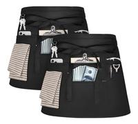 NLUS 2 Pack Server Apron with 8 Pockets, Water-Resistant Waiter Waitress Waist Half Apron for Women Men, 12 x 24 Inch - Black, Black, 12 x 24 Inch