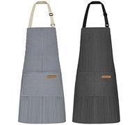 NLUS 2 Pcs Kitchen Cooking Aprons, Poly/Cotton Blend Adjustable Soft Bib Stripe Aprons with 2 Pockets for Women Men Chef (Blue Pinstripes/Black Pinstripes)