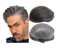 NLW 0.04mm Thin Skin Double Knots Mens Toupee 100% Human Hairpieces system mens grey toupee Straight mens grey hair unit Durable Real Hair System for Men (#1B20 PU)