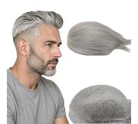 NLW 0.04mm Thin Skin PU Men's Toupee Durable Real Hair System for Men Double Knots mens grey toupee hair prosthesis mens patch units110% Medium Density implant hair pieces lenth 6inch (#1B80)