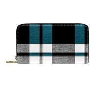 NLWQEKV Leather Zip Long Purse Black & Blue Scottish Plaid Wallet Leather