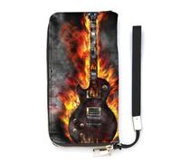 NLWQEKV The Burning Guitar Wristlet Wallet Leather Long Card Holder Purse Slim Clutch Handbag for Women