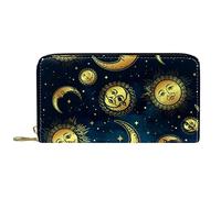 NLWQEKV Wallet Leather Gold Celestial Bodies Moon Star Navy Leather Zip Long Purse