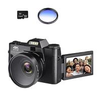nmbhus Macro Lens 4K Digital Camera Flip Screen Selfie Camcorder 48MP Vlog WIFI Webcam Vintage Video Recorder 16X Wide Angle(128G SD Card,With Lens Filter-04)
