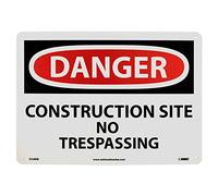 NMC D248RB DANGER - CONSTRUCTION SITE NO TRESPASSING Sign - 14 in. x 10 in. Rigid Plastic Danger Signage, Black/White Text on White/Red Base