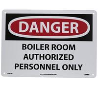 NMC D481RB DANGER - BOILER ROOM AUTHORIZED PERSONNEL ONLY Sign- 14in. x 10in. Danger Sign, Rigid Plastic, White/Black Text on Red/White Base