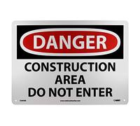 NMC D490RB OSHA Sign, Legend "DANGER - CONSTRUCTION AREA DO NOT ENTER", 14" Length x 10" Height, Rigid Plastic, Red/Black on White