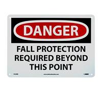 NMC D528RB - DANGER - FALL PROTECTION REQUIRED BEYOND THIS POINT - 14 in. x 10 in. Plastic Danger Sign with White/Black Text on Red/White Base