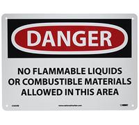 NMC D585RB OSHA Sign, Legend "DANGER - NO FLAMMABLE LIQUIDS OR COMBUSTIBLE MATERIALS ALLOWED IN THIS AREA", 14" Length x 10" Height, Rigid Plastic, Black/Red on White