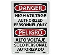 NMC ESD684RB Bilingual OSHA Sign, Legend "DANGER - HIGH VOLTAGE AUTHORIZED PERSONNEL ONLY", 10" Length x 14" Height, Rigid Plastic, Black/Red on White