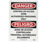 NMC ESD695RB Bilingual OSHA Sign, Legend "DANGER - CONTROLLED ACCESS ZONE AUTHORIZED PERSONNEL ONLY", 10" Length x 14" Height, Rigid Plastic, Black/Red on White