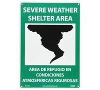 NMC M741RB Bilingual Emergency and First Aid Sign, Legend"SEVERE WEATHER SHELTER AREA" with Graphic, 10" Length x 14" Height, Rigid Polystyrene Plastic, White/Black on Green