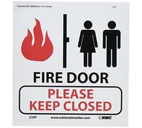NMC S39P Fire Sign, Legend "FIRE DOOR - PLEASE KEEP CLOSED" with Graphic, 7" Length x 7" Height, Pressure Sensitive Vinyl, Black/Red on White