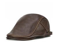 NMCNXSD Leather Cap Men Coffee Beret Genuine Leather Cowhide Flat Caps Male Winter Solid Real Leather Duckbill Retro Gatsby Ivy Hat(Brown)