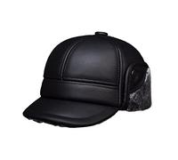 NMCNXSD Leather Cap Men's Real Cow Leather Baseball Cap Hat Brand Winter Warm Russian Genuine Leather Caps Hats With Faux Fu-r Inside(Svart,L)