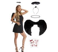 NMKL Black Angel Wings and Halo,Dark Fallen Angel Wings for Women Kid Halloween Costumes Dress Up Theme Party