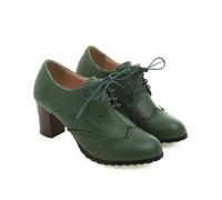 NMMAX British Women High Chunky Heels Fretwork Pumps Green Grey Round Toe Brogues Dress Office Lady Oxfords Retro Preppy Lace Up Derby-green-36