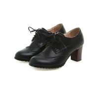 NMMAX British Women High Chunky Heels Fretwork Pumps Green Grey Round Toe Brogues Dress Office Lady Oxfords Retro Preppy Lace Up Derby-black-38