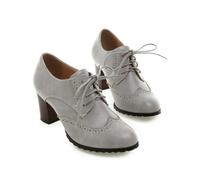 NMMAX British Women High Chunky Heels Fretwork Pumps Green Grey Round Toe Brogues Dress Office Lady Oxfords Retro Preppy Lace Up Derby-grey-38