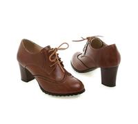 NMMAX British Women High Chunky Heels Fretwork Pumps Green Grey Round Toe Brogues Dress Office Lady Oxfords Retro Preppy Lace Up Derby-brown-37