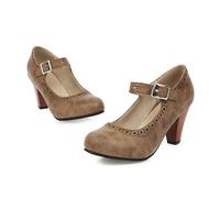 Mary Janes High Block Heels Red Nude Black Fretwork Wedding Party Office Ladies Round Toe Women Platform Pumps-brown-43