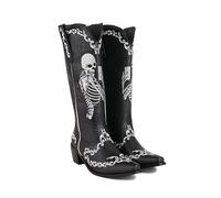 NMMAX Women Skeleton Embroidery Western Sewing Floral Cowboy Boots Retro Mid-Calf Western Halloween Boots-black-36