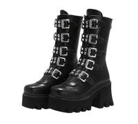 NMMAX Womens Gothic Wedge Platform Chunky High Heel Zipper Punk Girls Boots Buckle INS Mid-calf Motorcycle Ankle Riding Combat Shoes,Black,UK 6.5