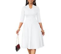 Nmoder Casual Dresses for Women Semi Formal Fit and Flare Dresses 3/4 Sleeve A-line Church Work Dresses with Pockets, White, L