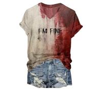 NMSLCNM Halloween Tshirt Women Halloween Women's Bloody T-Shirt Short Sleeve T Shirts Im Fine Bloody Shirt I'm Ok It's Not My Blood Shirt Im Fine Shirt Halloween Tops for Women UK (XL)