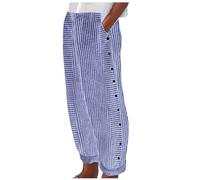 NMSLCNM Women Summer Fashion Striped Print Button Casual Versatile Loose Nine Point Pants (Y1-Dark Blue, L)