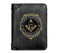 NMVAWIPT Men's Genuine Leather High Capacity Trifold Short Wallet, RFID Blocking Multifunctional Sleek Slim Photo Window And Credit Card Holder Freemasons Masonic Money Purses,Black,Style 5