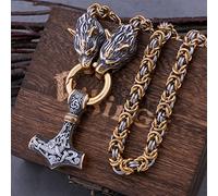 NMVAWIPT Thor's Hammer Pendant Necklace, with Wooden Gift Box, Nordic Mythology Mjolnir Stainless Steel Viking Amulet Jewelry, Men Heavy Fenrir Wolf Animal Head King Chain Ornaments,B,60cm Chain