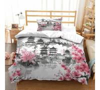 NNAWFJXG Oriental Cherry Duvet Cover 3D Bedding Set Microfiber Ink And Wash Comforter Cover with Pillow Shams, with Hidden Zipper Closure, 2 Pieces Set Quilt Cover for Boys Girls Single（135x200cm）