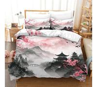 NNAWFJXG Oriental Cherry Duvet Cover Set 3D Bedding Sets Microfibre Ink And Wash Quilt Cover with Zipper Closure 3 Pieces Set Comforter Cover with Pillowcases for Boys Girls Double（200x200cm）