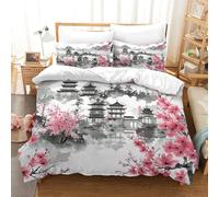 NNAWFJXG Oriental Cherry Duvet Cover Set 3D Ink And Wash Quilt Cover Microfiber Bedding Set with Pillowcase,for Teens And Adults Comforter Cover 3 Pieces Set with Zipper Closure King（220x240cm）